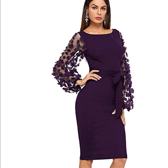 shein women's elegant mesh contrast bishop sleeve bodycon pencil dress SheIn Women's Elegant Mesh Contrast Bishop Sleeve Bodycon Pencil Dress
